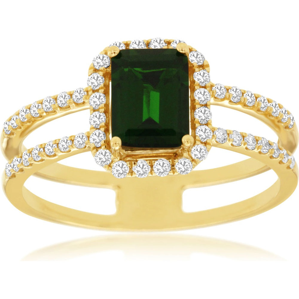 14K Yellow Gold Emerald-Cut Russalite and Diamond Halo Split-Shank Ring - 1.00 Carat Russalite and 0.30 Carat Total Diamond Weight - Royal Jewelry