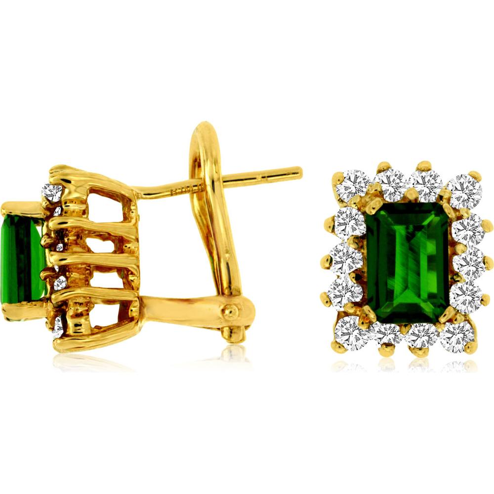 14K Yellow Gold Emerald Cut Russalite & Diamond Halo Stud Earrings - 1.20 Carat Russalite, 0.65 Carat Diamond - Royal Jewelry