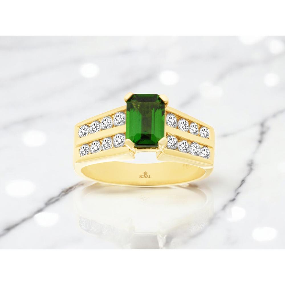 14K Yellow Gold Emerald Cut Russalite and Diamond Ring with Channel Set Round Diamonds - 1.00 Carat Russalite and 0.70 Carat Total Diamond Weight - Royal Jewelry