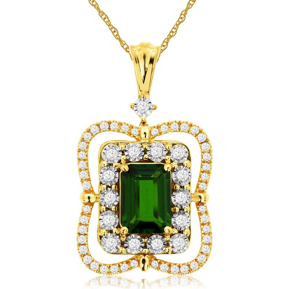 14K Yellow Gold Emerald Cut Russalite and Round Diamond Halo Pendant Necklace - 1.00 Carat Russalite and 0.25 Carat Total Diamond Weight - Royal Jewelry