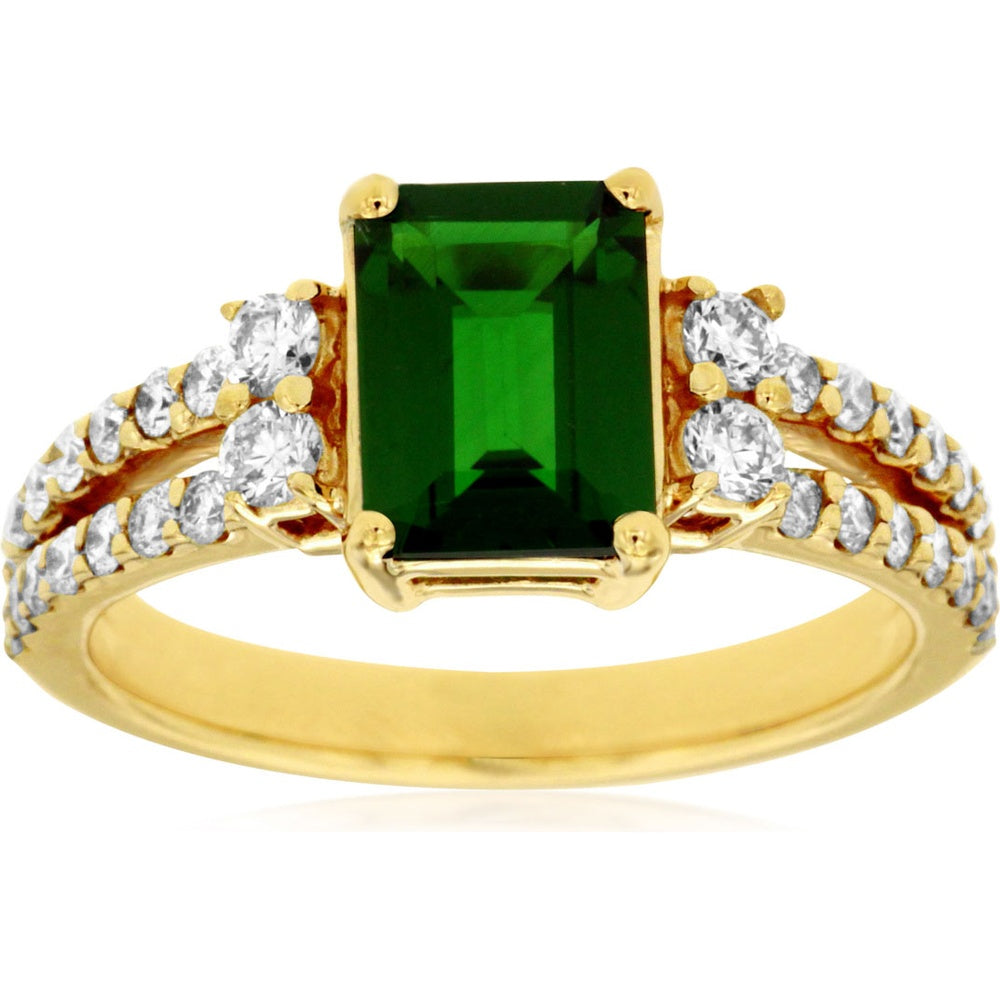 14K Yellow Gold Emerald-Cut Russalite and Round Diamond Split-Shank Ring - 1.60 Carat Russalite and 0.65 Carat Total Diamond Weight - Royal Jewelry