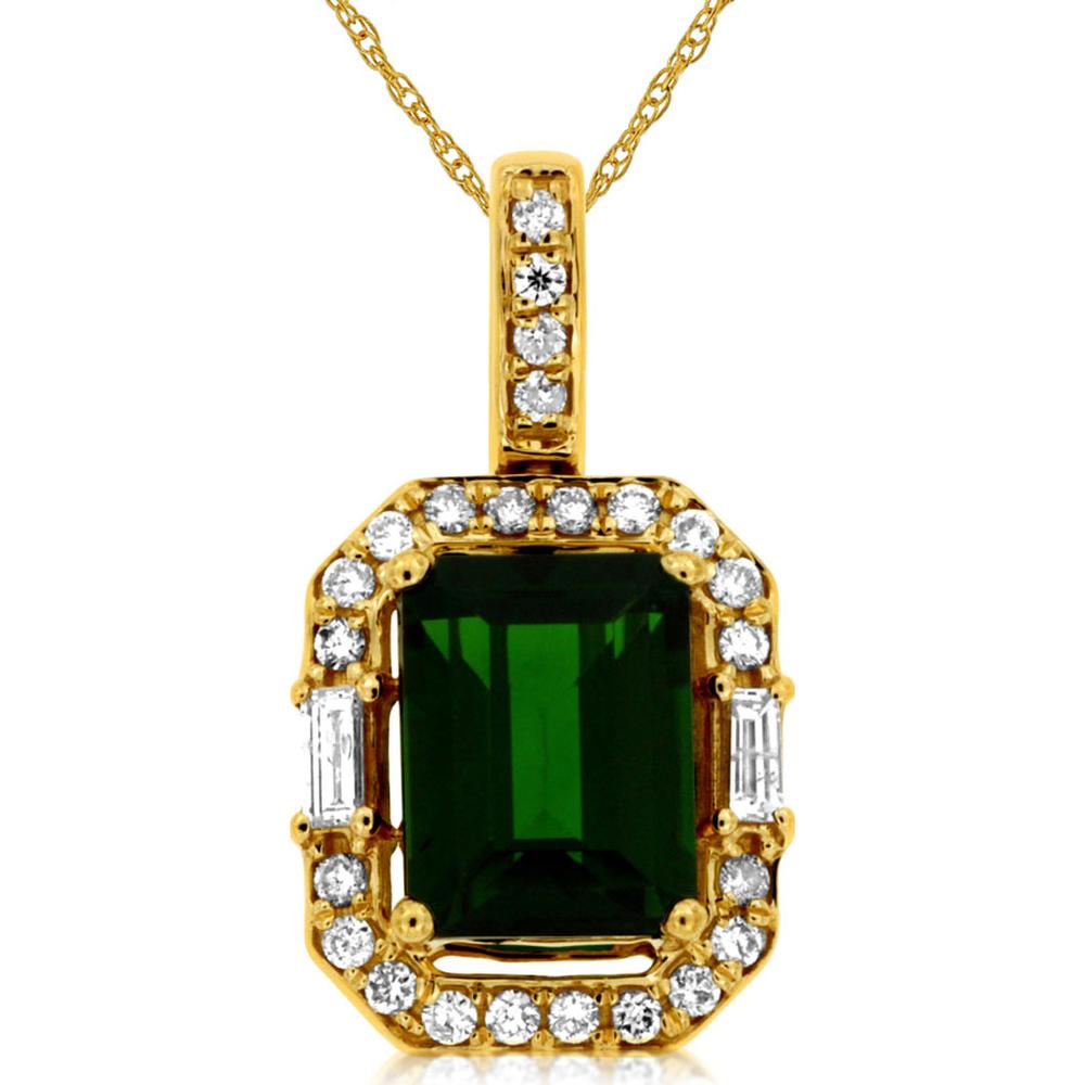 14K Yellow Gold Emerald Cut Russalite Pendant with Diamond Halo and Baguette Accents - 1.60 Carat Russalite, 0.27 Carat Diamond Total Weight - Royal Jewelry