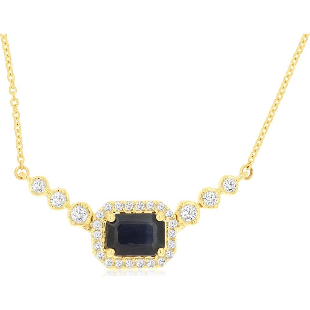 14K Yellow Gold Emerald Cut Sapphire & Diamond Halo Necklace - 1.09 Carat Sapphire with 0.25 Carat Total Diamond Accents - Royal Jewelry