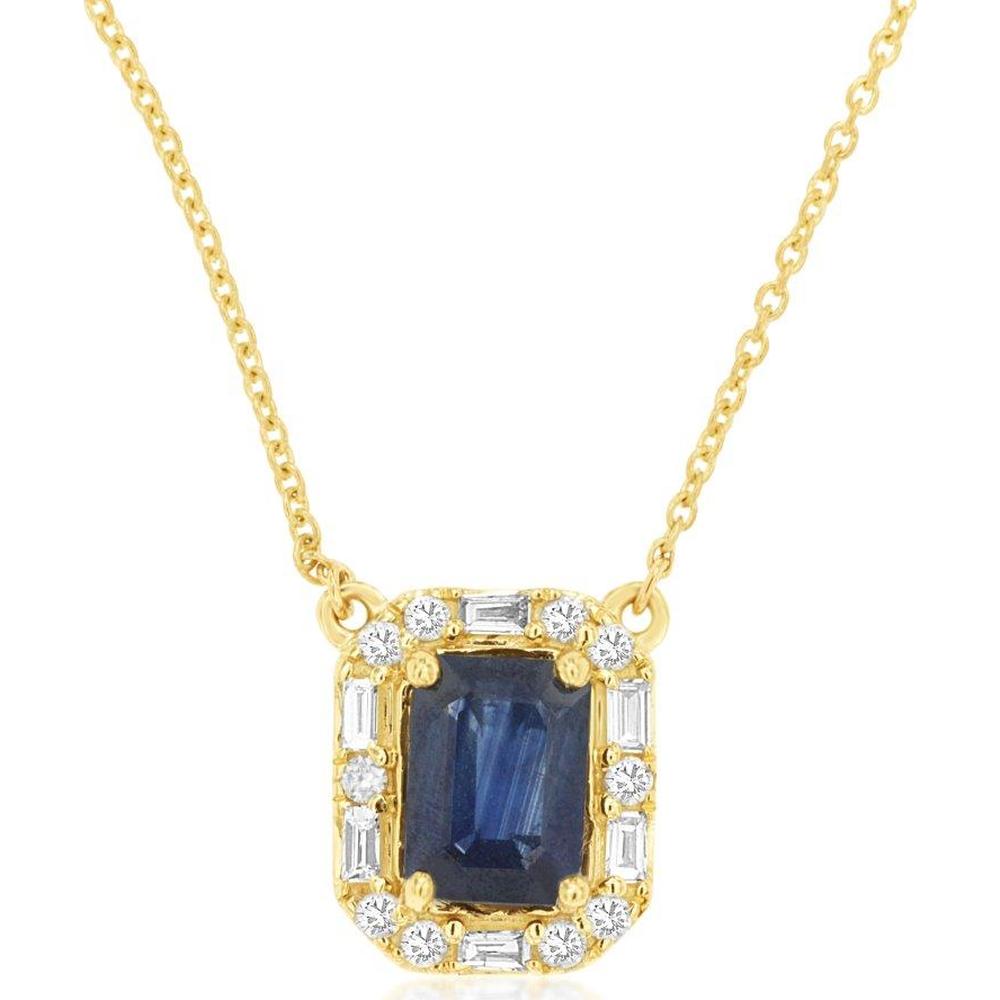 14K Yellow Gold Emerald-Cut Sapphire and Diamond Halo Pendant Necklace - 1.00 Carat Sapphire, 0.19 Carat Total Diamond Weight - Royal Jewelry