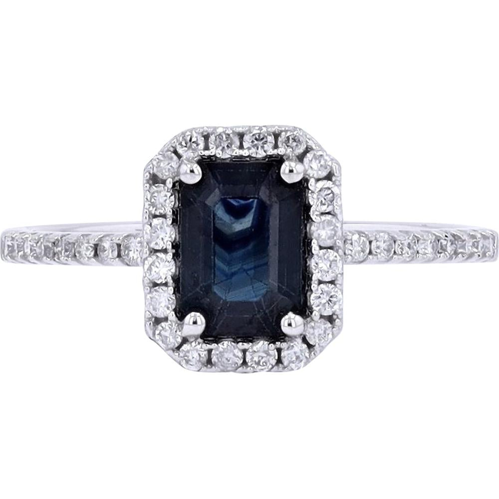 14K Yellow Gold Emerald-Cut Sapphire and Diamond Halo Ring - 1.00 Carats Sapphire and 0.25 Carats Diamonds