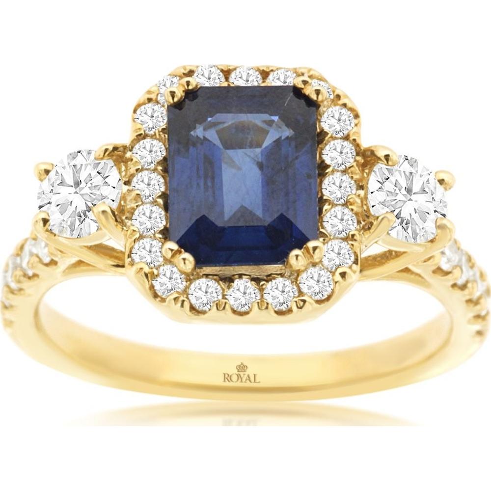 14K Yellow Gold Emerald Cut Sapphire and Diamond Halo Ring with Side Stones - 1.85 Carat Sapphire & 1.00 Carat Diamond Total Weight - Royal Jewelry