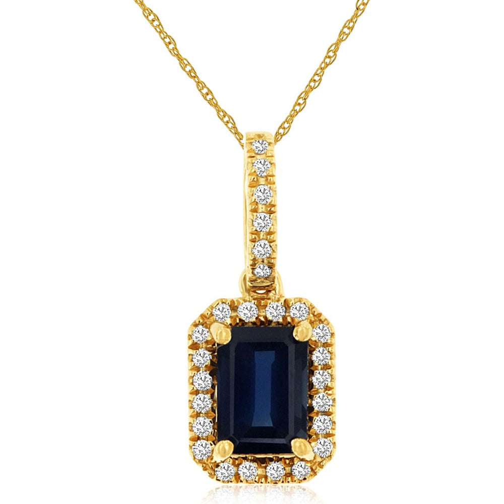 14K Yellow Gold Emerald-Cut Sapphire Pendant with Diamond Halo and Diamond-Studded Bail - 1.09 Carat Sapphire and 0.13 Carat Total Diamond Weight - Royal Jewelry
