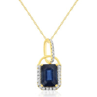 14K Yellow Gold Emerald-Cut Sapphire Pendant with Diamond Halo and Pavé-Accented Bale - 1.05 Carat Sapphire and 0.10 Carat Total Diamond Weight - Royal Jewelry