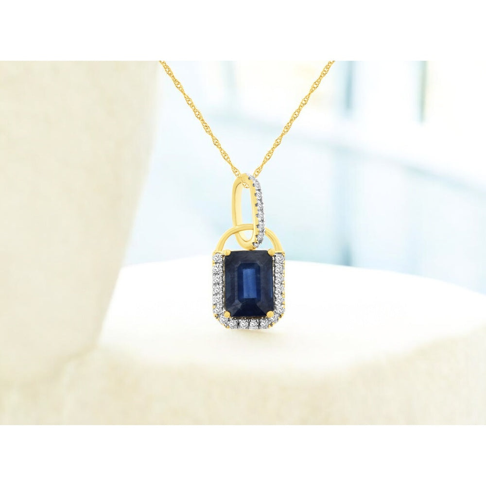 14K Yellow Gold Emerald-Cut Sapphire Pendant with Diamond Halo and Pavé-Accented Bale - 1.05 Carat Sapphire and 0.10 Carat Total Diamond Weight - Royal Jewelry