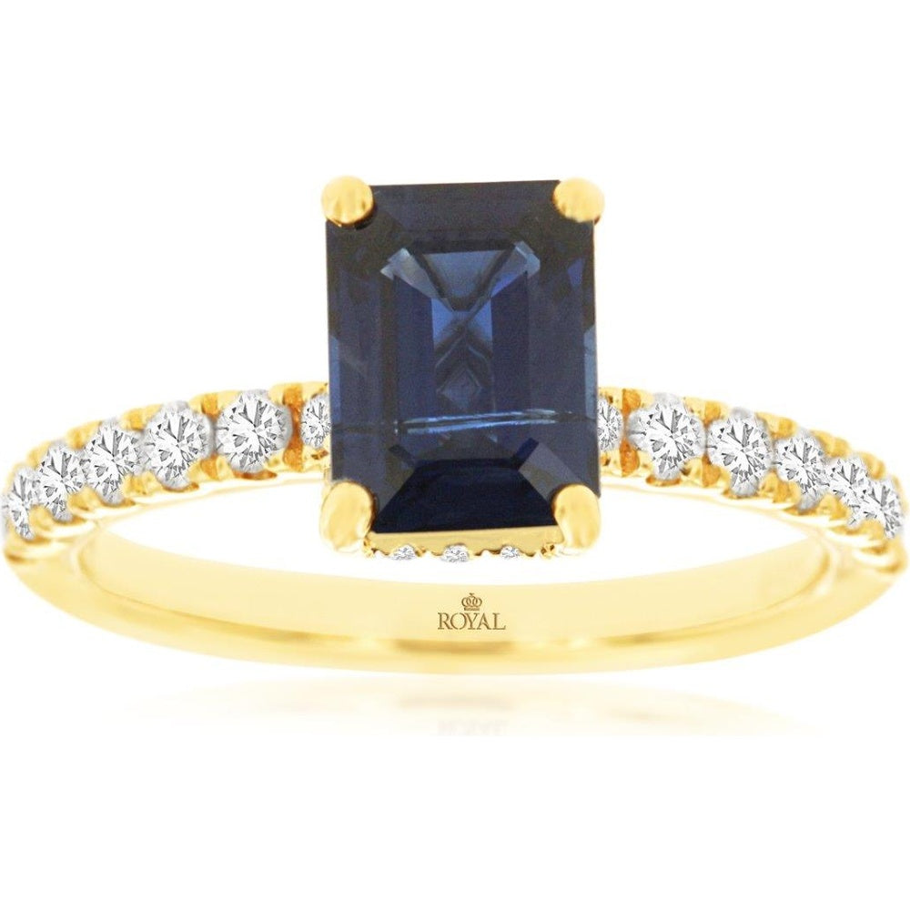 14K Yellow Gold Emerald-Cut Sapphire Ring with Prong-Set Round Diamond Accents - 1.85 Carat Sapphire and 0.50 Carat Total Diamond Weight - Royal Jewelry