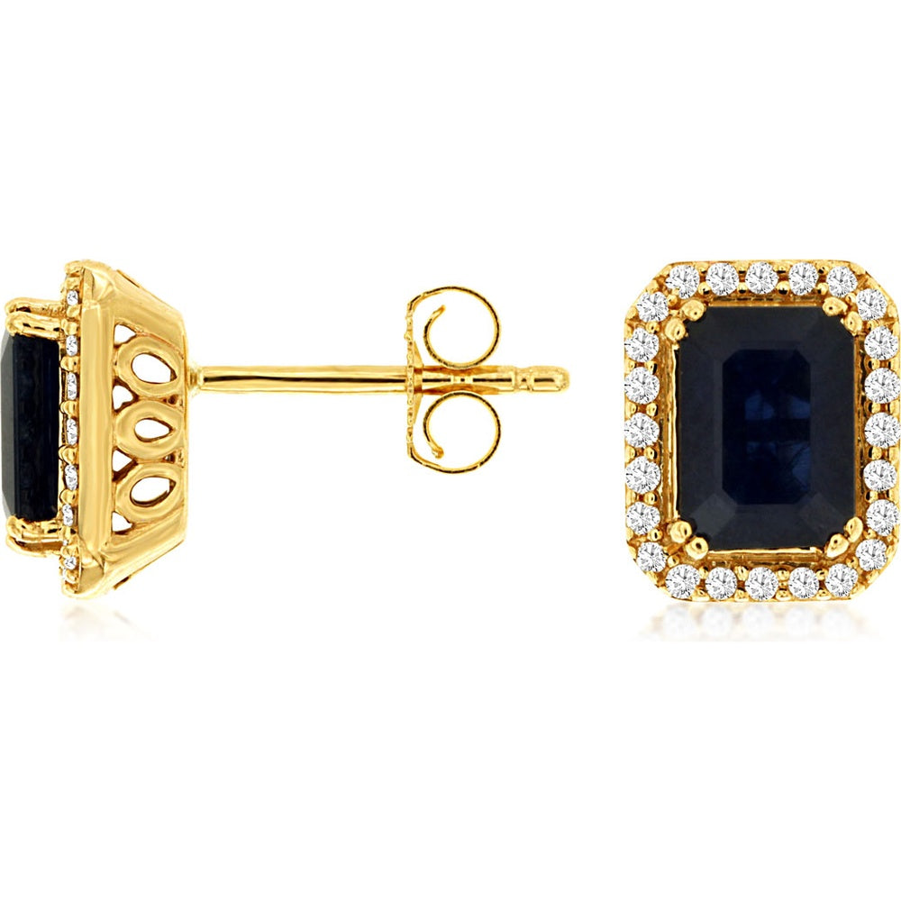 14K Yellow Gold Emerald-Cut Sapphire Stud Earrings with Diamond Halo - 2.18 Carat Total Sapphire Weight and 0.20 Carat Total Diamond Weight - Royal Jewelry