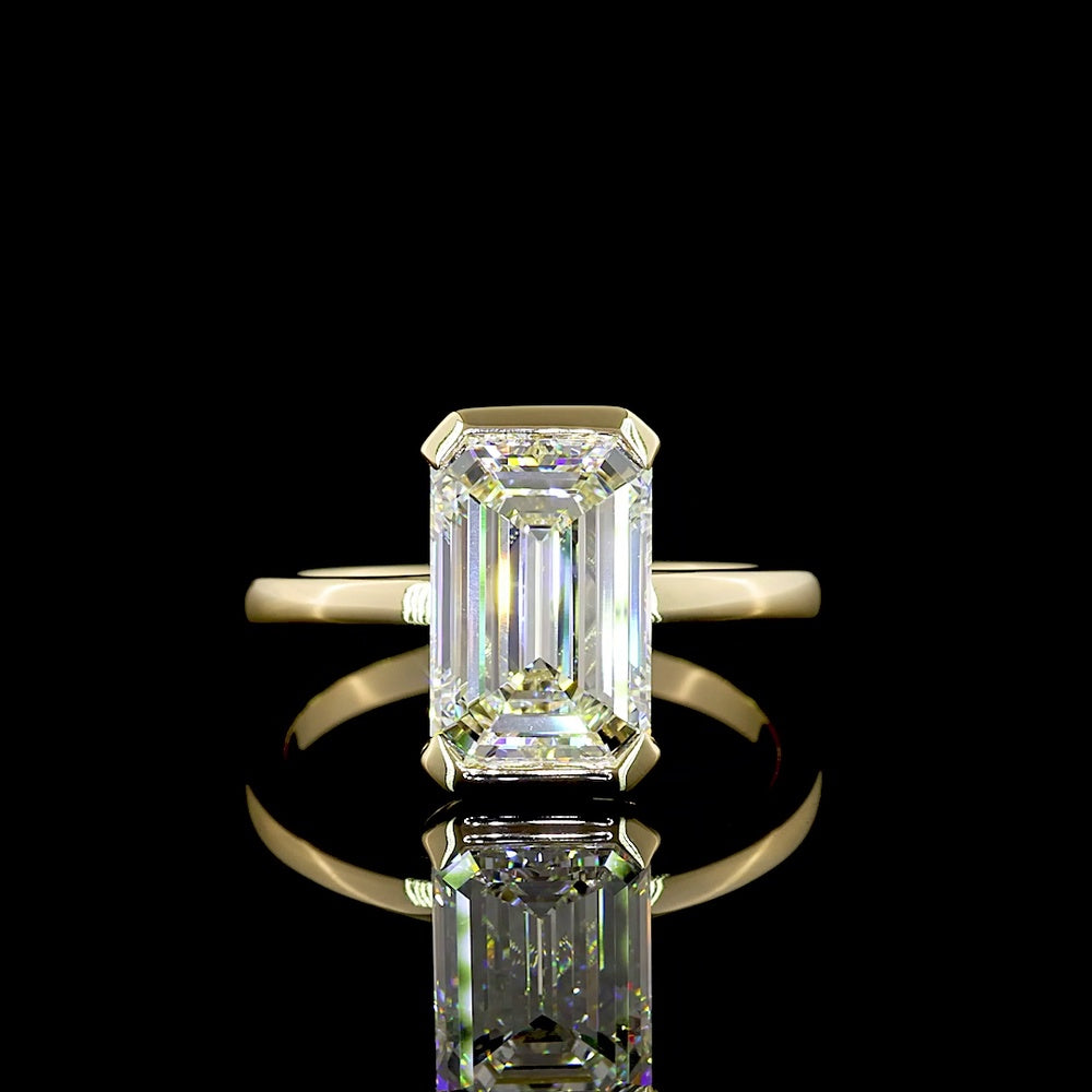 14K Yellow Gold Emerald Cut Solitaire Ring with Half Bezel Setting and 3.55 Carat Lab Diamond (E-F Color, VS1 Clarity) - Covaloro Fine Jewelry
