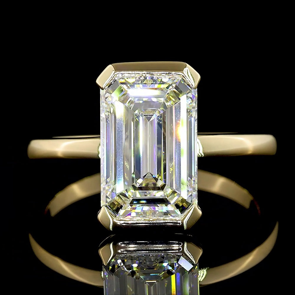 14K Yellow Gold Emerald Cut Solitaire Ring with Half Bezel Setting and 3.55 Carat Lab Diamond (E-F Color, VS1 Clarity) - Covaloro Fine Jewelry