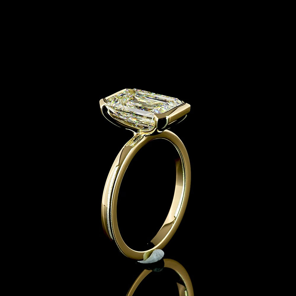14K Yellow Gold Emerald Cut Solitaire Ring with Half Bezel Setting and 3.55 Carat Lab Diamond (E-F Color, VS1 Clarity) - Covaloro Fine Jewelry