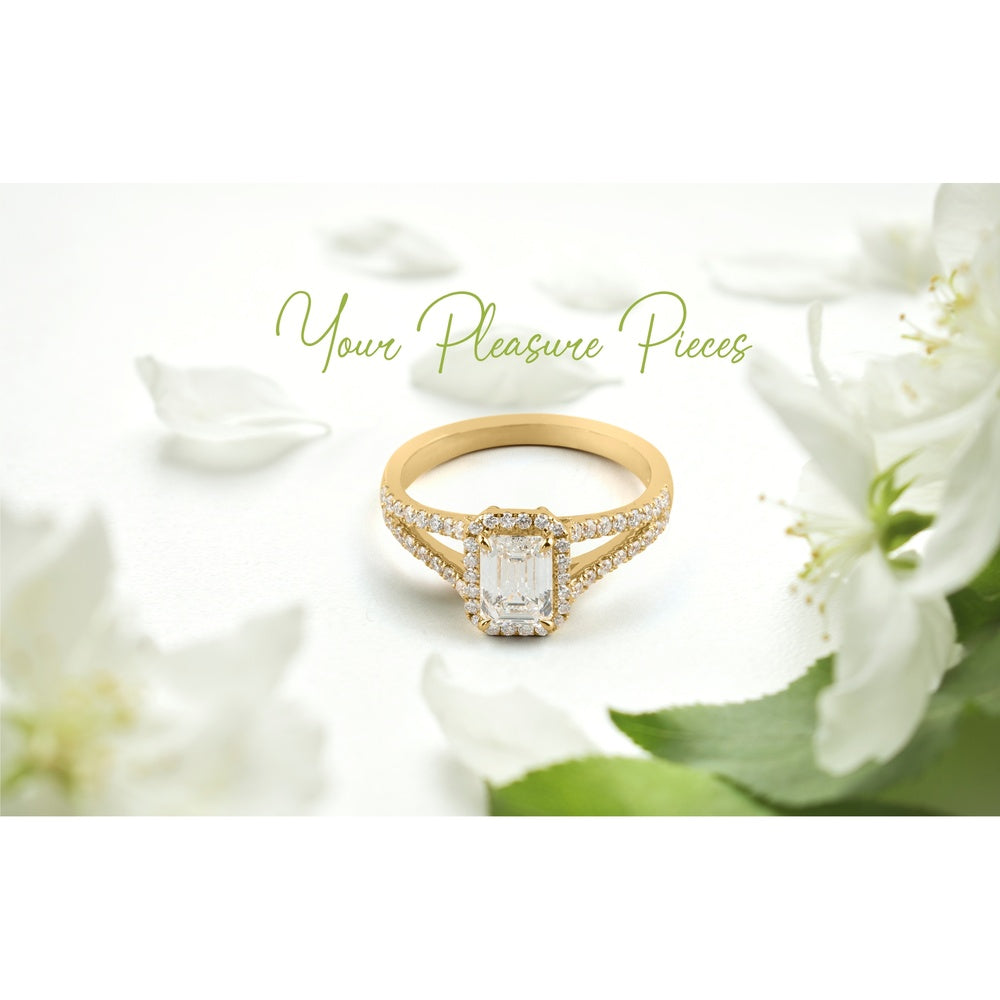 14K Yellow Gold Emerald Cut Split Shank Ring with GIA Certified 1.08 Carats D VVS1 Lab Diamond Center and 0.34 Carats Brilliant Round Lab Diamond Accents - Covaloro Fine Jewelry
