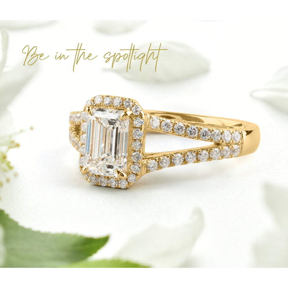 14K Yellow Gold Emerald Cut Split Shank Ring with GIA Certified 1.08 Carats D VVS1 Lab Diamond Center and 0.34 Carats Brilliant Round Lab Diamond Accents - Covaloro Fine Jewelry
