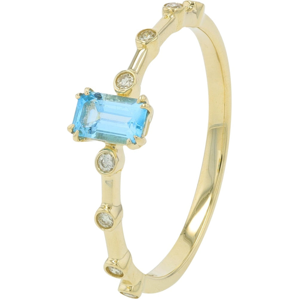 14K Yellow Gold Emerald Cut Swiss Blue Topaz Ring with Bezel Set Diamond Accents - 0.08 Carat Total Diamond Weight and 0.25-0.38 Carat Topaz