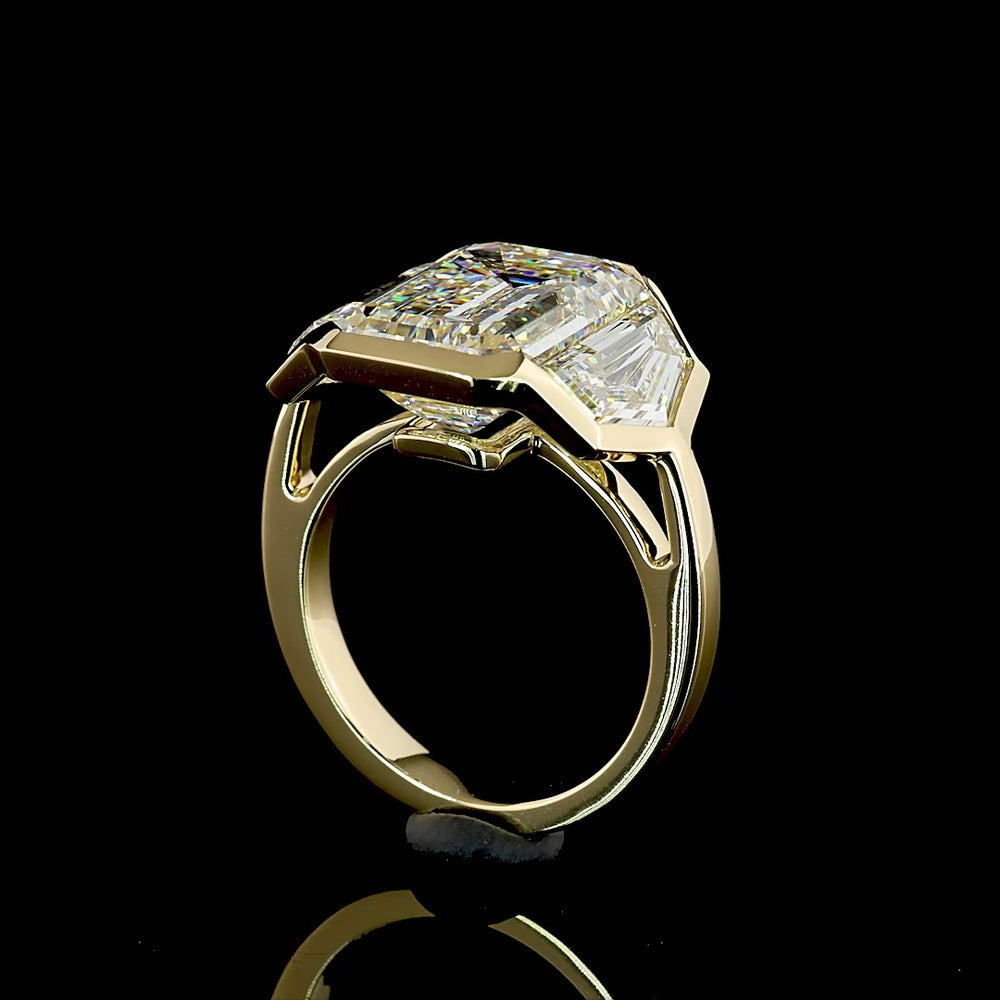 14K Yellow Gold Emerald Cut Three Stone Ring with 7.05 Carat Lab Diamond Center and Cadillac Cut Side Stones - 9.9 Carat Total Diamond Weight - Covaloro Fine Jewelry