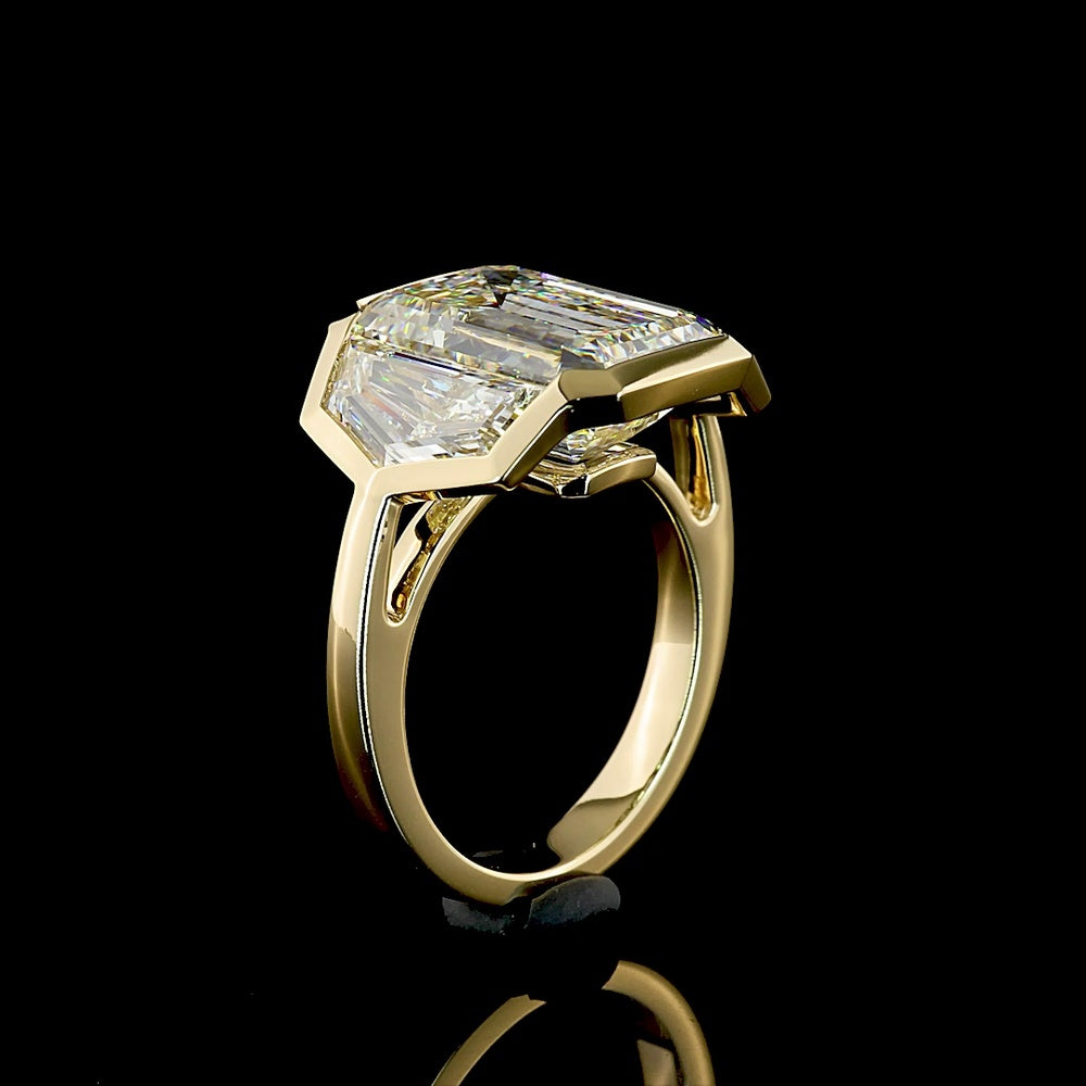 14K Yellow Gold Emerald Cut Three Stone Ring with 7.05 Carat Lab Diamond Center and Cadillac Cut Side Stones - 9.9 Carat Total Diamond Weight - Covaloro Fine Jewelry