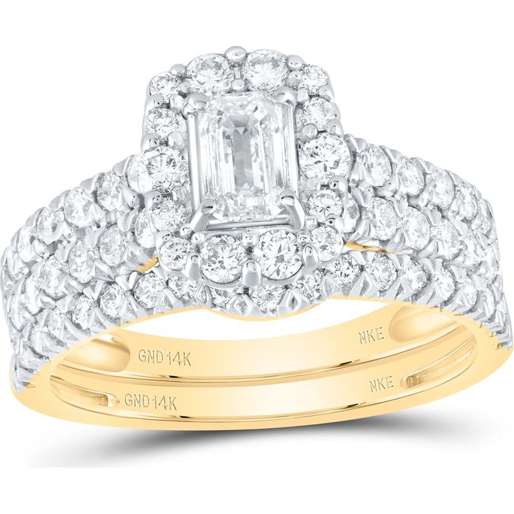 14K Yellow Gold Emerald Diamond Bridal Wedding Ring Set with Blue Sapphire - 1.53 Carat Total Gemstone Weight