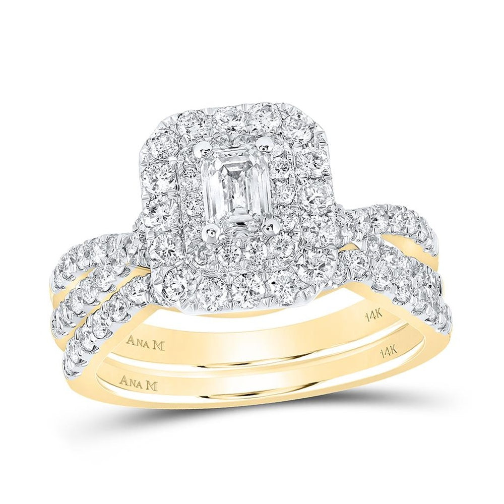 14K Yellow Gold Emerald Diamond Halo Bridal Wedding Ring Set - 1 & 1/2 Carat Total Diamond Weight
