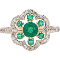14K Yellow Gold Emerald Flower Ring with Round Diamonds - 0.75 Carats Emerald & 0.50 Carats Total Diamond Weight
