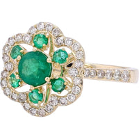 14K Yellow Gold Emerald Flower Ring with Round Diamonds - 0.75 Carats Emerald & 0.50 Carats Total Diamond Weight