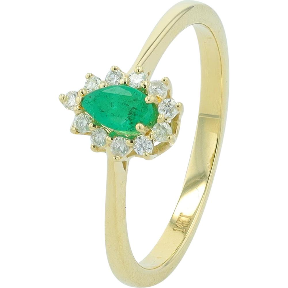14K Yellow Gold Emerald Halo Ring with 0.20 Carat Emerald and 0.10 Carat Total Diamond Weight
