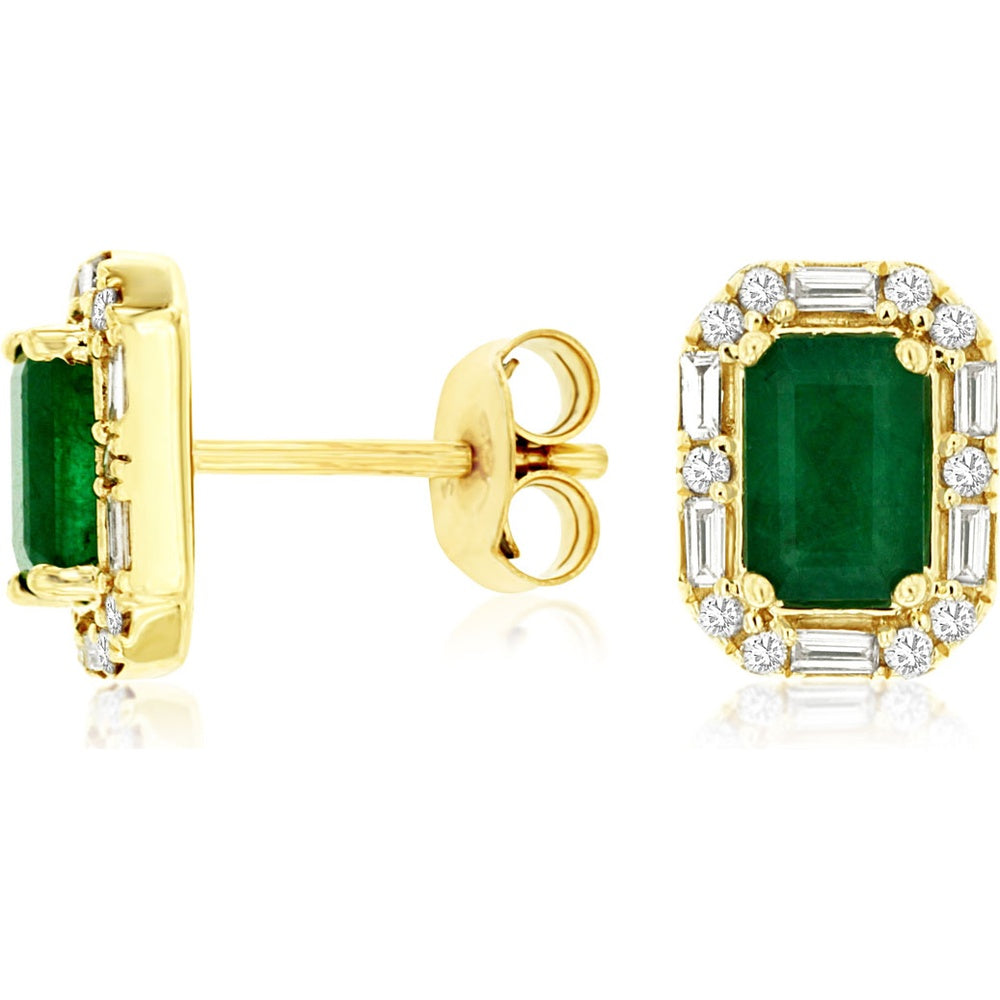 14K Yellow Gold Emerald Halo Stud Earrings with Round and Baguette Diamonds - 1.10 Carat Total Emerald Weight and 0.27 Carat Total Diamond Weight - Royal Jewelry