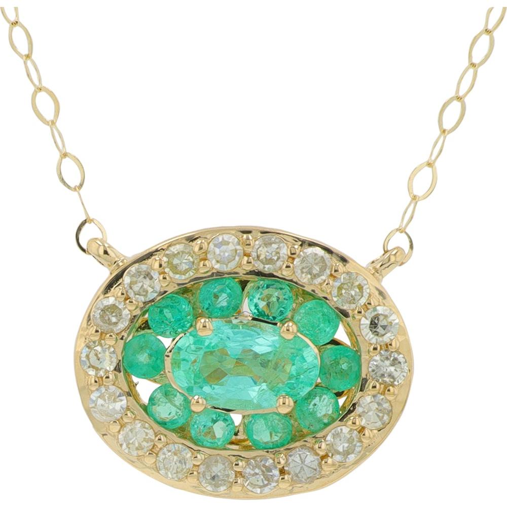 14K Yellow Gold Emerald Necklace with Diamond Halo - 0.50 Carat Emerald, 0.17 Carat Total Diamond Weight