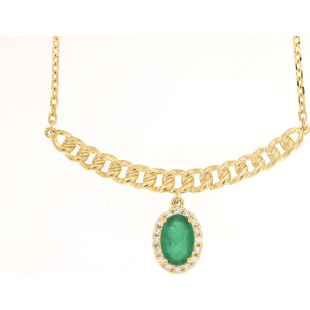 14K Yellow Gold Emerald Pendant Necklace with Diamond Halo - 0.44 Carats Emerald, 0.07 Carats Total Diamond Weight