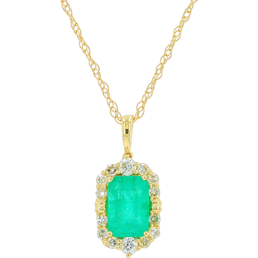 14K Yellow Gold Emerald Pendant with Diamond Halo - 0.55 Carat Total Diamond Weight