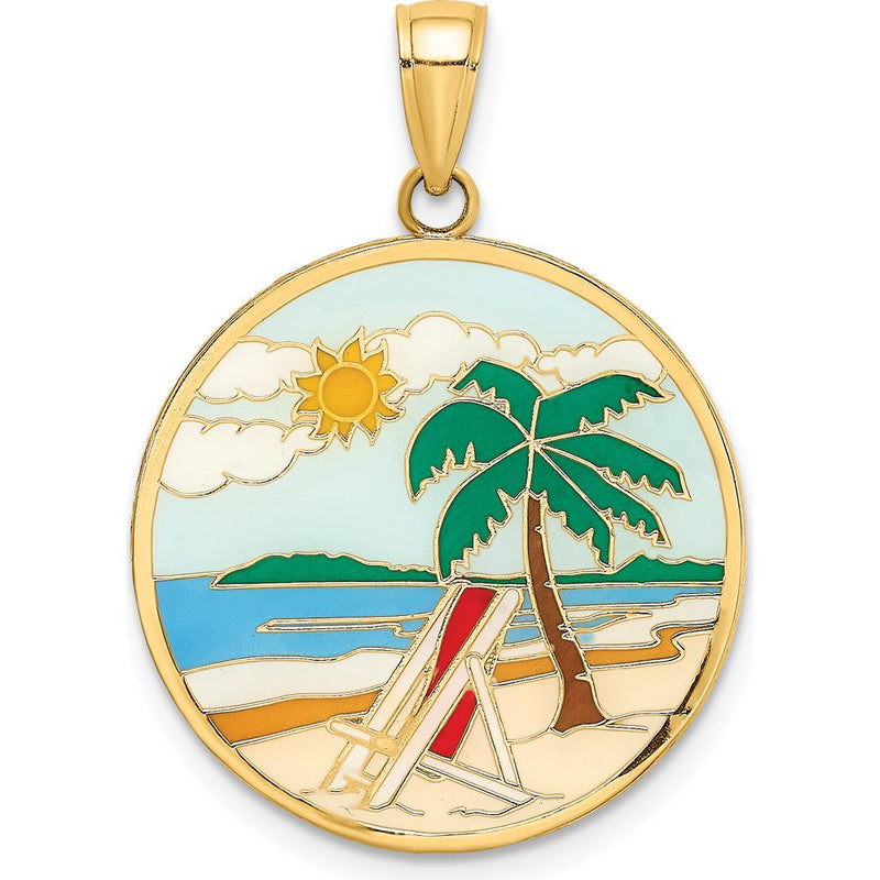 14K Yellow Gold Enamel Beach Scene Round Disc Charm with Sun and Palm Tree Design by Oro Pregiato