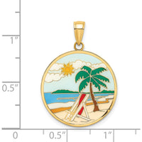 14K Yellow Gold Enamel Beach Scene Round Disc Charm with Sun and Palm Tree Design by Oro Pregiato