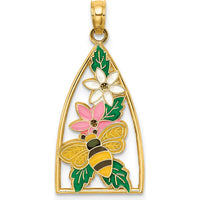 14K Yellow Gold Enamel Bumblebee and Flower Triangle Pendant Charm - Hand-Painted Design by Oro Pregiato