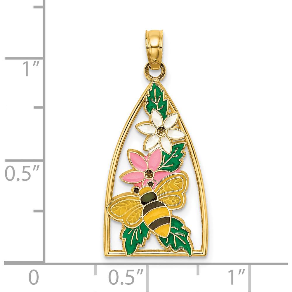 14K Yellow Gold Enamel Bumblebee and Flower Triangle Pendant Charm - Hand-Painted Design by Oro Pregiato