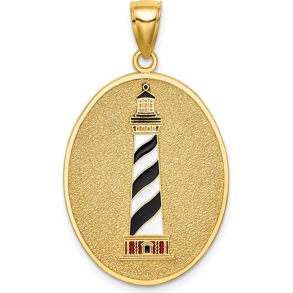 14K Yellow Gold Enamel Cape Hatteras Lighthouse Pendant with John 8:12 Reverse Engraving - Reversible Design by Oro Pregiato