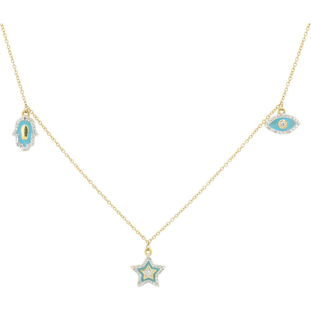 14K Yellow Gold Enamel Charm Necklace with Diamond Accents - 0.25 Carat Total Diamond Weight