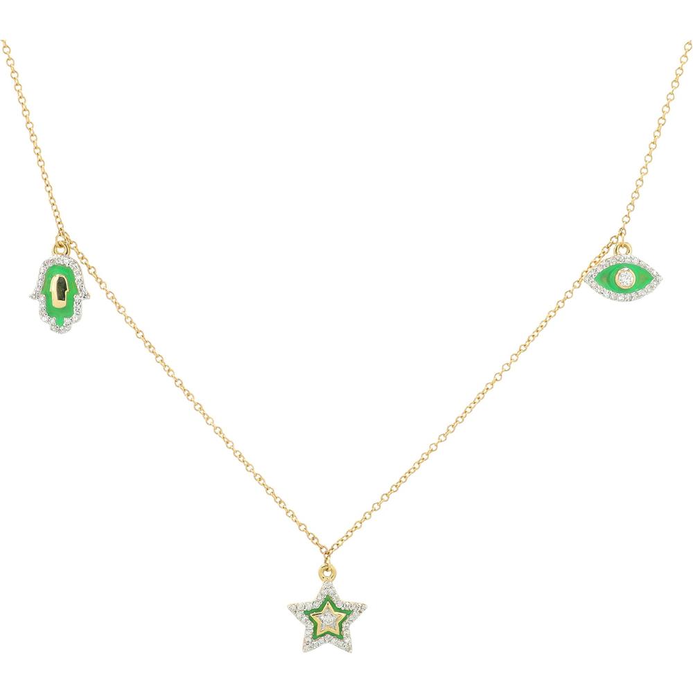 14K Yellow Gold Enamel Charm Necklace with Diamond Accents and Hamsa, Star, and Eye Pendants - 0.25 Carat Total Diamond Weight
