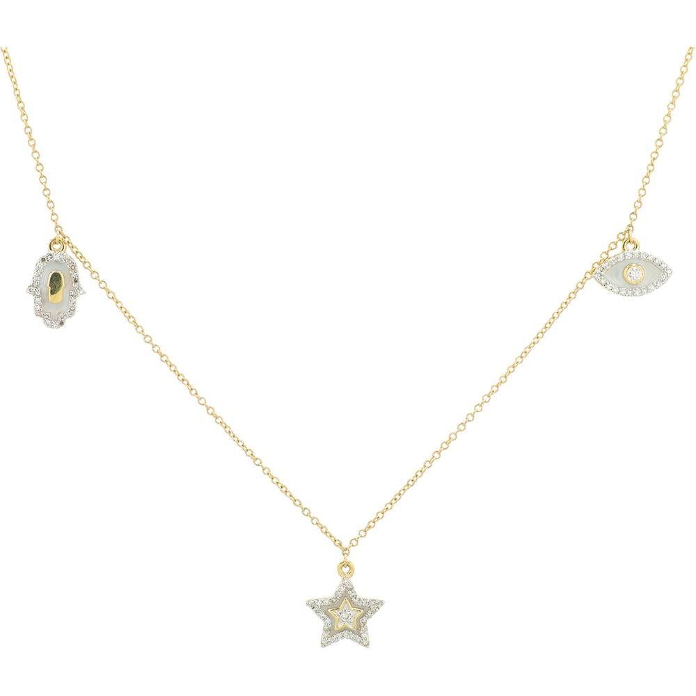 14K Yellow Gold Enamel Charm Necklace with Star and Eye Charms - 0.25 Carat Total Diamond Weight