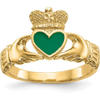 14K Yellow Gold Enamel Claddagh Ring with Green Heart Accent by Oro Pregiato