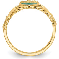 14K Yellow Gold Enamel Claddagh Ring with Green Heart Accent by Oro Pregiato