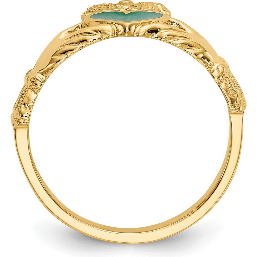 14K Yellow Gold Enamel Claddagh Ring with Green Heart Accent by Oro Pregiato