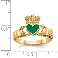 14K Yellow Gold Enamel Claddagh Ring with Green Heart Accent by Oro Pregiato