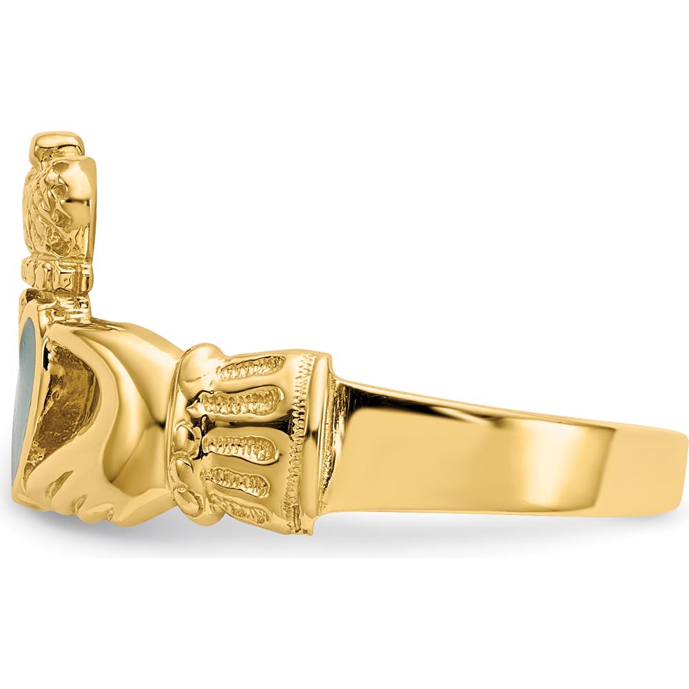 14K Yellow Gold Enamel Claddagh Ring with Green Heart Accent by Oro Pregiato
