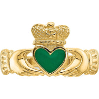 14K Yellow Gold Enamel Claddagh Ring with Green Heart Accent by Oro Pregiato
