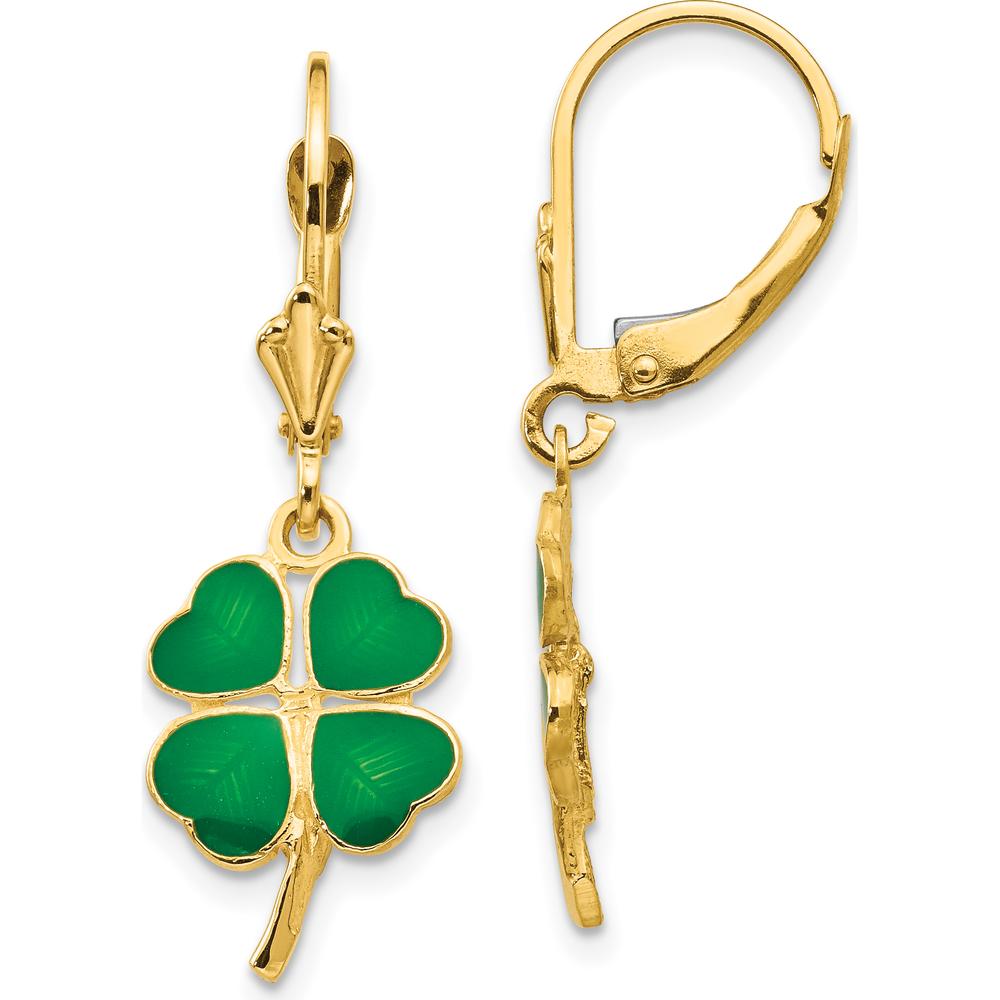 14K Yellow Gold Enamel Clover Drop Earrings with Leverback Closure by Oro Pregiato