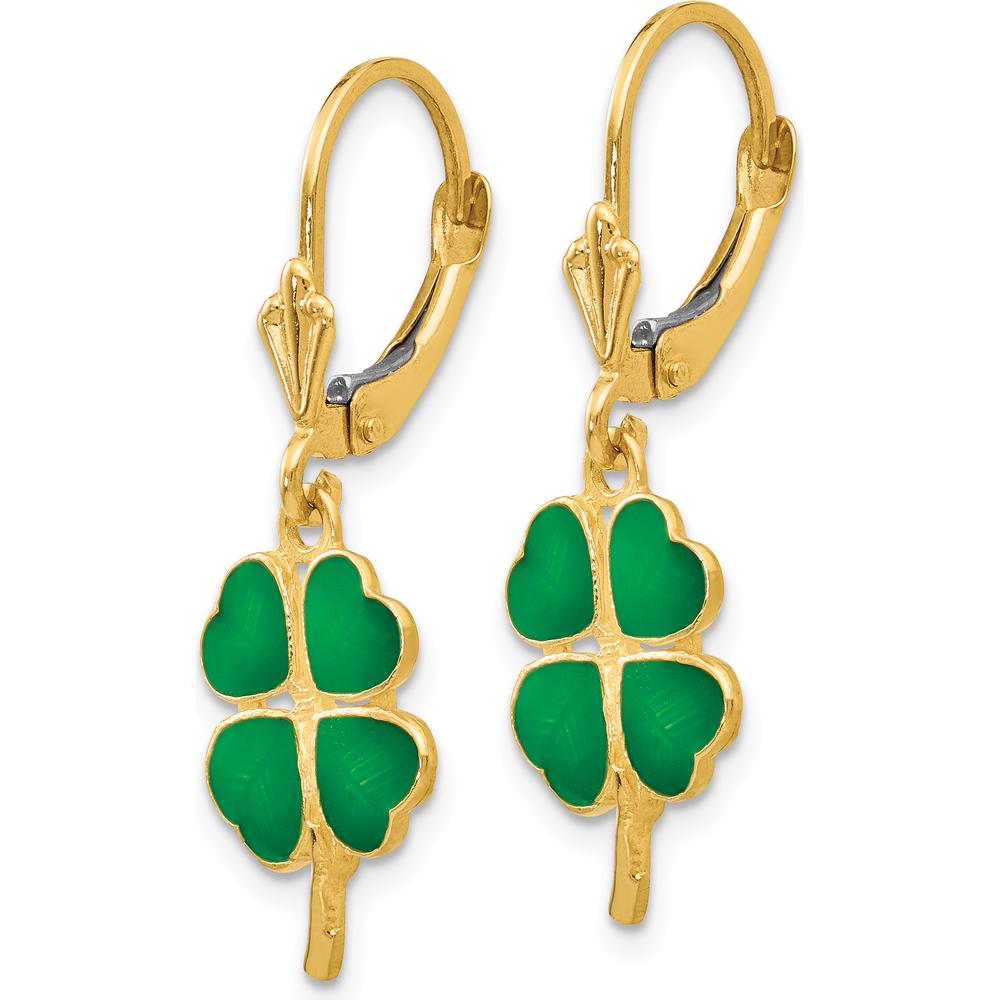 14K Yellow Gold Enamel Clover Drop Earrings with Leverback Closure by Oro Pregiato