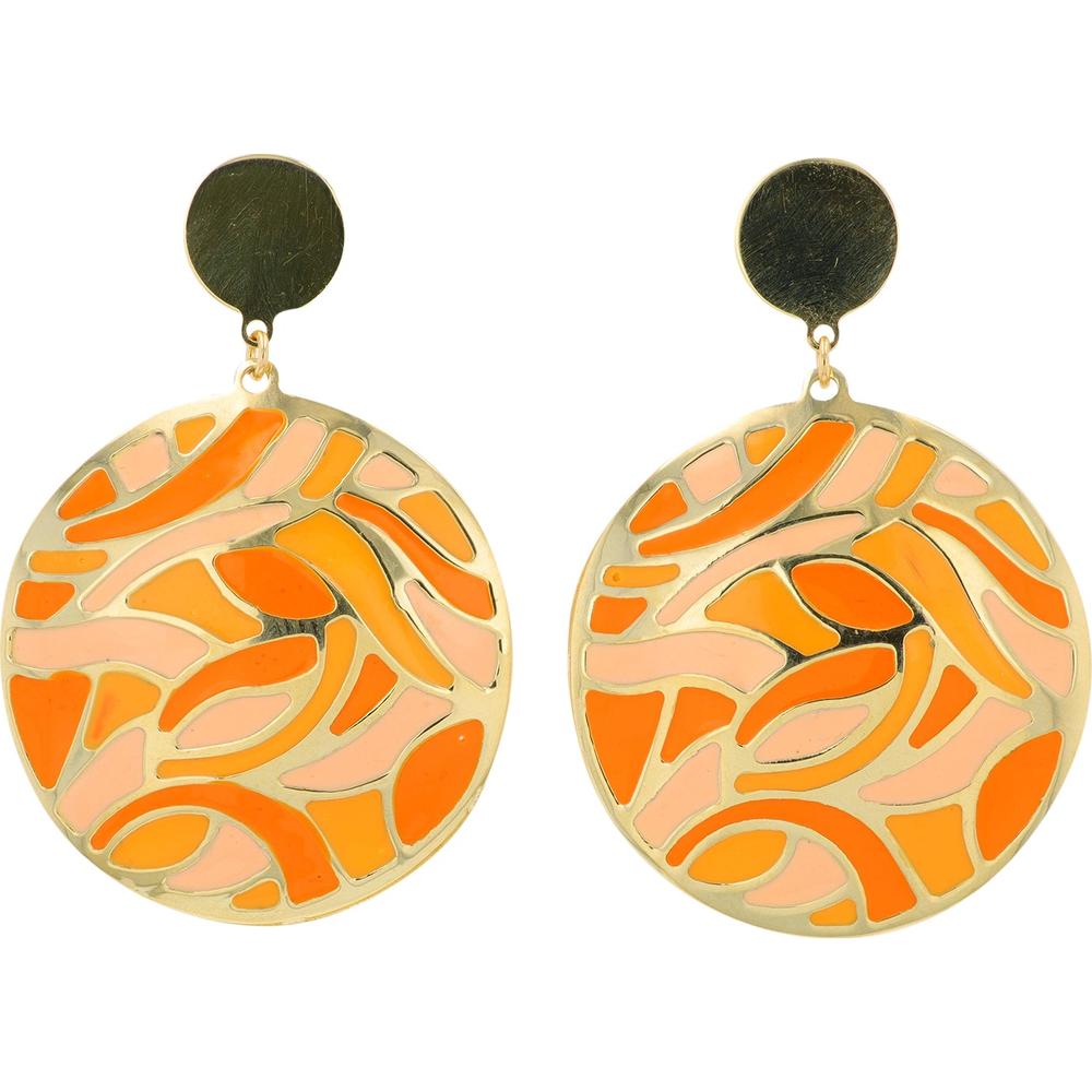 14K Yellow Gold Enamel Disc Earrings with Vibrant Orange and Blush Accents