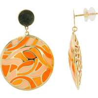 14K Yellow Gold Enamel Disc Earrings with Vibrant Orange and Blush Accents